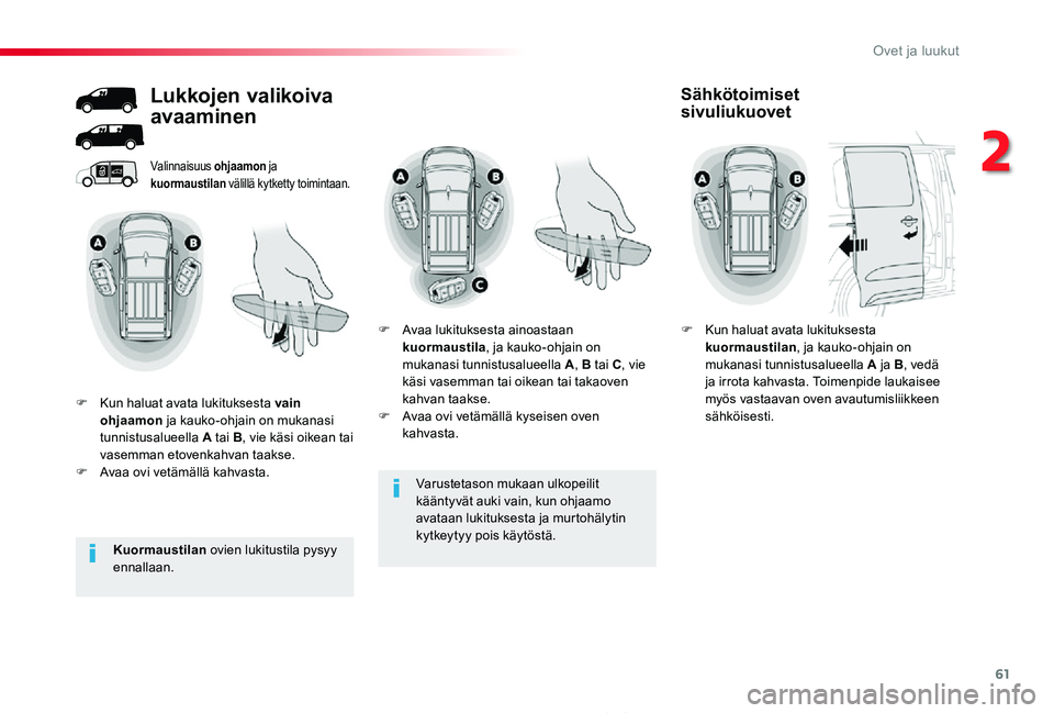 TOYOTA PROACE 2020  Omistajan Käsikirja (in Finnish) 61
Proace_fi_Chap02_ouvertures_ed2019_V02
Varustetason mukaan ulkopeilit 
kääntyvät auki vain, kun ohjaamo avataan lukituksesta ja murtohälytin kytkeytyy pois käytöstä.
Valinnaisuus ohjaamon ja