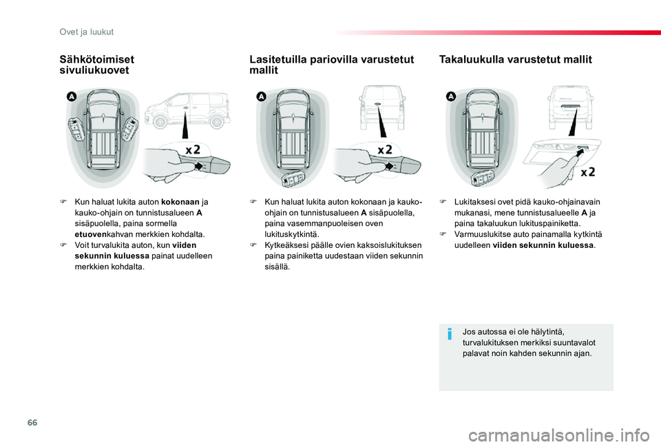 TOYOTA PROACE 2020  Omistajan Käsikirja (in Finnish) 66
Proace_fi_Chap02_ouvertures_ed2019_V02
F Kun haluat lukita auton kokonaan ja kauko-ohjain on tunnistusalueen  A sisäpuolella, paina sormella etuovenkahvan merkkien kohdalta.F Voit tur valukita aut