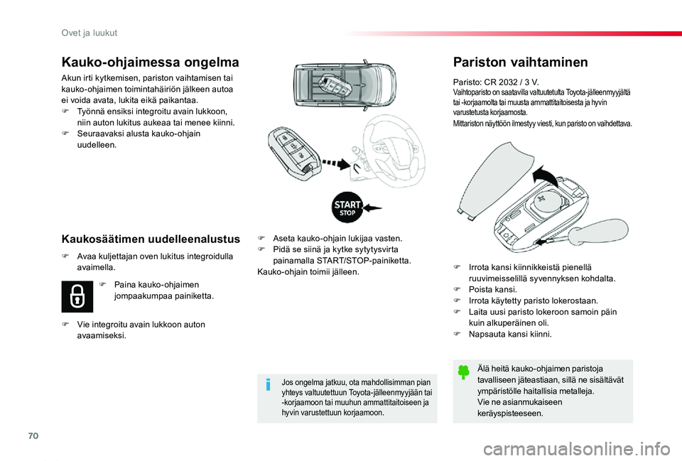 TOYOTA PROACE 2020  Omistajan Käsikirja (in Finnish) 70
Proace_fi_Chap02_ouvertures_ed2019_V02
Pariston vaihtaminen
Paristo: CR 2032 / 3 V.Vaihtoparisto on saatavilla valtuutetulta Toyota-jälleenmyyjältä tai -korjaamolta tai muusta ammattitaitoisesta