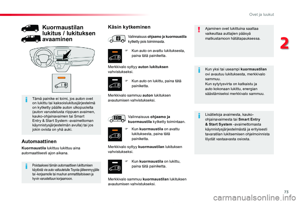 TOYOTA PROACE 2020  Omistajan Käsikirja (in Finnish) 73
Proace_fi_Chap02_ouvertures_ed2019_V02
F Kun auto on avattu lukituksesta, paina tätä painiketta.
F Kun kuormaustila on lukittu, paina tätä painiketta.
Lisätietoja avaimesta, kauko-ohjainavaime