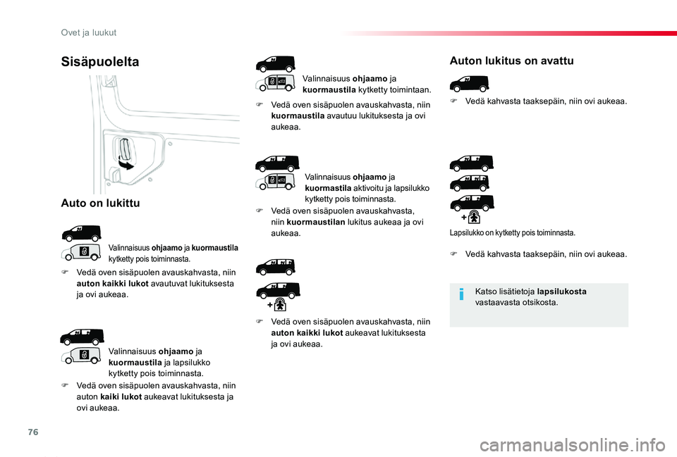 TOYOTA PROACE 2020  Omistajan Käsikirja (in Finnish) 76
Proace_fi_Chap02_ouvertures_ed2019_V02
Katso lisätietoja lapsilukosta vastaavasta otsikosta.
Sisäpuolelta
Valinnaisuus ohjaamo ja kuormaustila kytketty pois toiminnasta.
F Vedä oven sisäpuolen 