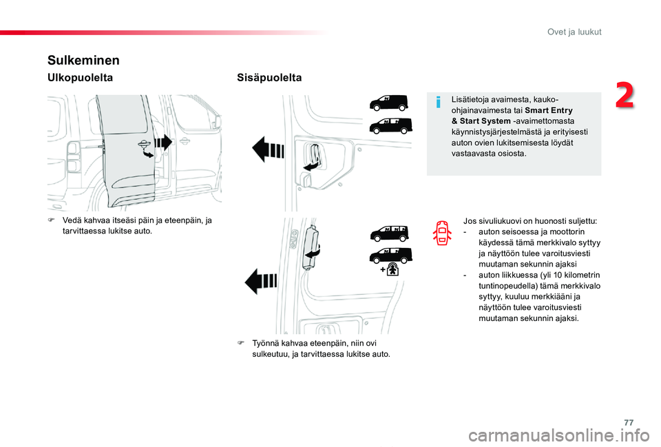 TOYOTA PROACE 2020  Omistajan Käsikirja (in Finnish) 77
Proace_fi_Chap02_ouvertures_ed2019_V02
Jos sivuliukuovi on huonosti suljettu:- auton seisoessa ja moottorin käydessä tämä merkkivalo syttyy ja näyttöön tulee varoitusviesti muutaman sekunnin