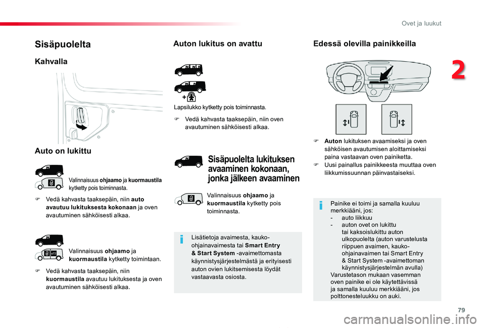 TOYOTA PROACE 2020  Omistajan Käsikirja (in Finnish) 79
Proace_fi_Chap02_ouvertures_ed2019_V02
F Vedä kahvasta taaksepäin, niin kuormaustila avautuu lukituksesta ja oven avautuminen sähköisesti alkaa.
F Vedä kahvasta taaksepäin, niin oven avautumi