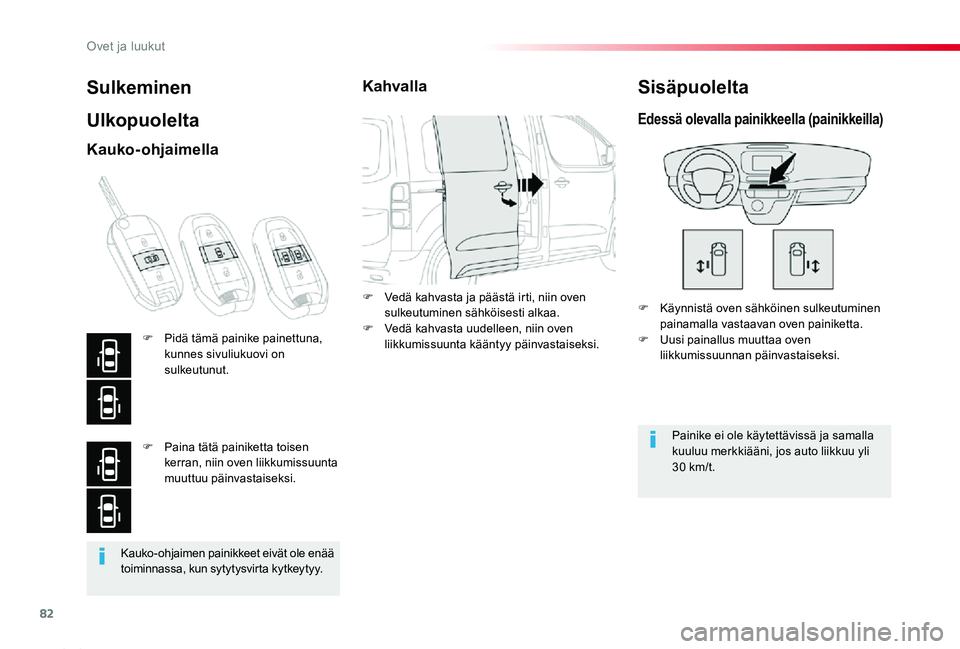TOYOTA PROACE 2020  Omistajan Käsikirja (in Finnish) 82
Proace_fi_Chap02_ouvertures_ed2019_V02
Kauko-ohjaimen painikkeet eivät ole enää toiminnassa, kun sytytysvirta kytkeytyy.
Sulkeminen
Ulkopuolelta
F Käynnistä oven sähköinen sulkeutuminen pain