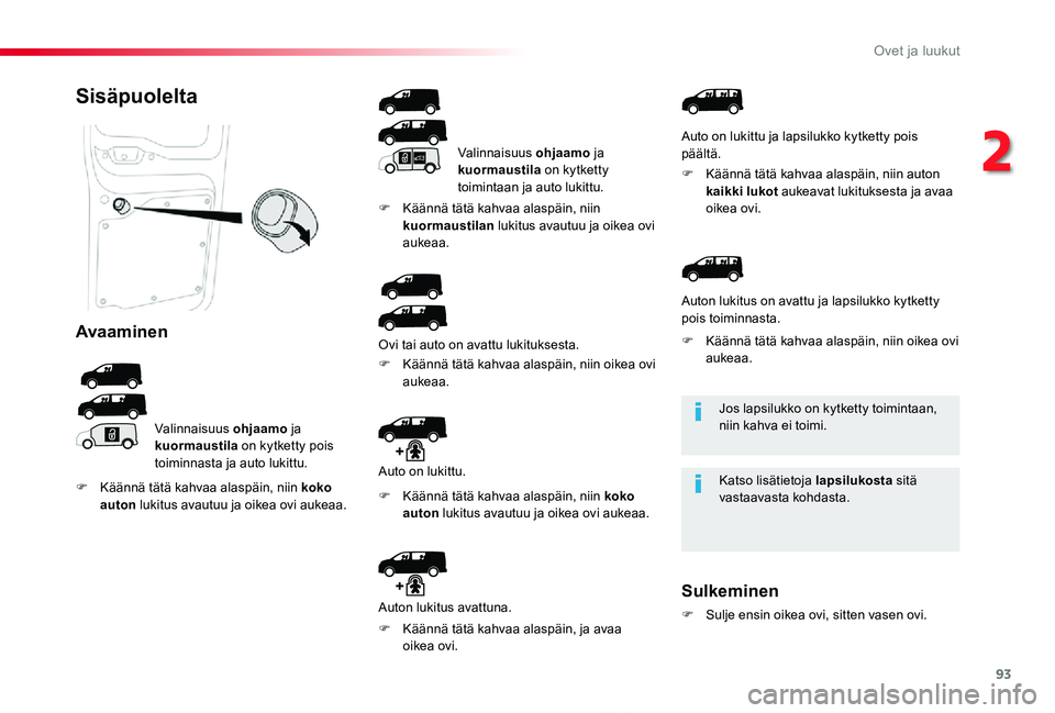 TOYOTA PROACE 2020  Omistajan Käsikirja (in Finnish) 93
Proace_fi_Chap02_ouvertures_ed2019_V02
Jos lapsilukko on kytketty toimintaan, niin kahva ei toimi.
Katso lisätietoja lapsilukosta sitä vastaavasta kohdasta.
Sisäpuolelta
Avaaminen
Valinnaisuus o
