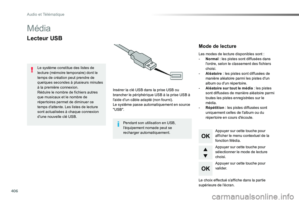 TOYOTA PROACE 2020  Notices Demploi (in French) 406
Média
Lecteur USB
Insérer la clé USB dans la prise USB ou brancher le périphérique USB à la prise USB à l'aide d'un câble adapté (non fourni).Le système passe automatiquement en 