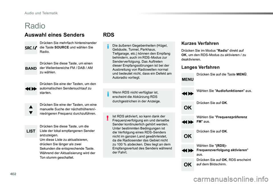 TOYOTA PROACE 2020  Betriebsanleitungen (in German) 402
Proace_de_Chap10d_RD6_ed2019_V02
RDS
Kurzes Verfahren
Langes Verfahren
Die äußeren Gegebenheiten (Hügel, Gebäude, Tunnel, Parkhaus, Tiefgarage, etc.) können den Empfang behindern, auch im RDS