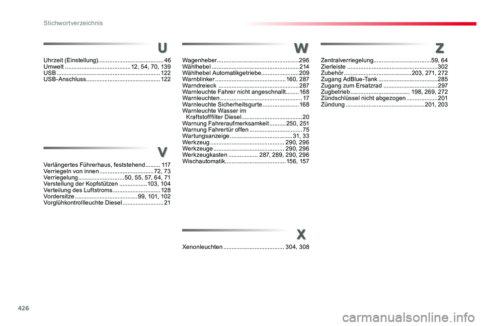 TOYOTA PROACE 2020  Betriebsanleitungen (in German) 426
Proace_de_Chap11_index-alpha_ed2019_V02
t
Verlängertes Führerhaus, feststehend .........117Verriegeln von innen  .................................72, 73Verriegelung ............................5