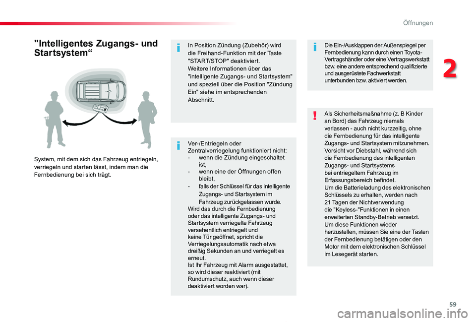 TOYOTA PROACE 2020  Betriebsanleitungen (in German) 59
Proace_de_Chap02_ouvertures_ed2019_V02
Ver-/Entriegeln oder Zentralverriegelung funktioniert nicht:- wenn die Zündung eingeschaltet ist,- wenn eine der Öffnungen offen bleibt,-  falls der Schlüs