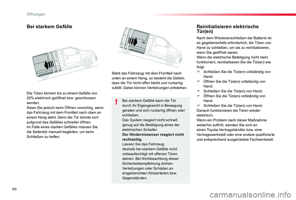 TOYOTA PROACE 2020  Betriebsanleitungen (in German) 86
Proace_de_Chap02_ouvertures_ed2019_V02
Bei starkem Gefälle kann die Tür durch ihr Eigengewicht in Bewegung geraten und sich ruckartig öffnen oder schließen.Das System reagiert nicht schnell gen