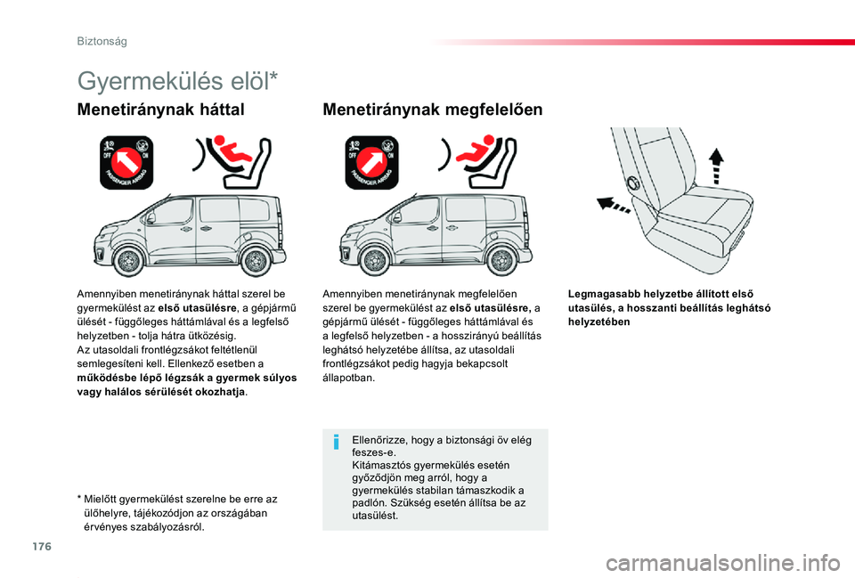 TOYOTA PROACE 2020  Kezelési útmutató (in Hungarian) 176
Proace_hu_Chap05_securite_ed01-2019
Legmagasabb helyzetbe állított első utasülés, a hosszanti beállítás leghátsó helyzetében
Menetiránynak háttal
Gyermekülés elöl*
Menetiránynak m