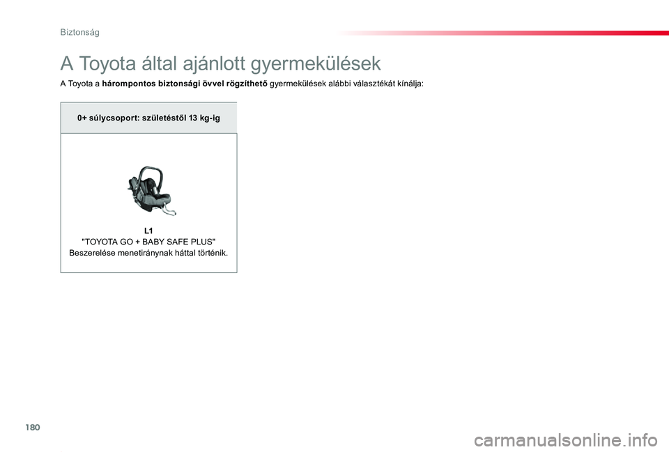 TOYOTA PROACE 2020  Kezelési útmutató (in Hungarian) 180
Proace_hu_Chap05_securite_ed01-2019
A Toyota által ajánlott gyermekülések
A Toyota a hárompontos biztonsági övvel rögzíthető gyermekülések alábbi választékát kínálja:
0+ súlycso