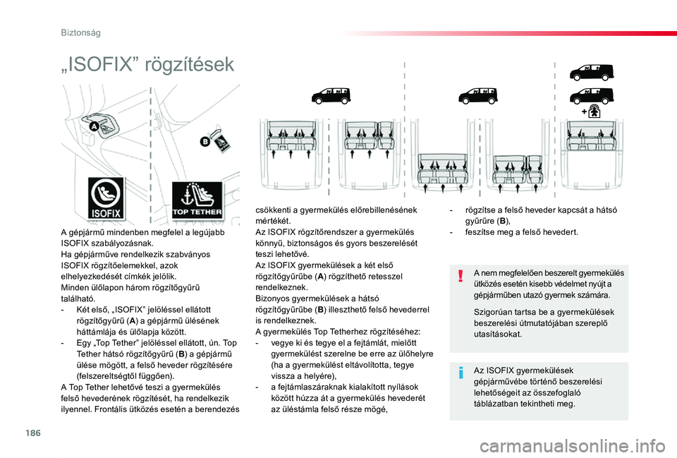 TOYOTA PROACE 2020  Kezelési útmutató (in Hungarian) 186
Proace_hu_Chap05_securite_ed01-2019
„ISOFIX” rögzítések
A nem megfelelően beszerelt gyermekülés ütközés esetén kisebb védelmet nyújt a gépjárműben utazó gyermek számára.
Az I