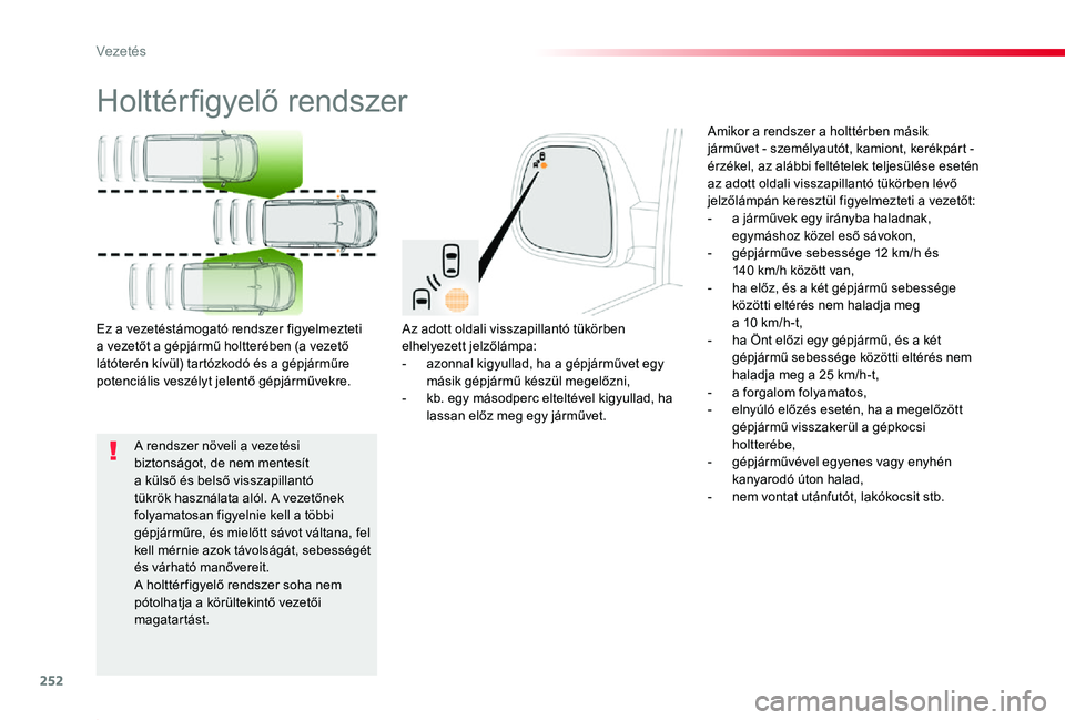TOYOTA PROACE 2020  Kezelési útmutató (in Hungarian) 252
Proace_hu_Chap06_conduite_ed01-2019
Holttérfigyelő rendszer
Az adott oldali visszapillantó tükörben elhelyezett jelzőlámpa:- azonnal kigyullad, ha a gépjárművet egy másik gépjármű k