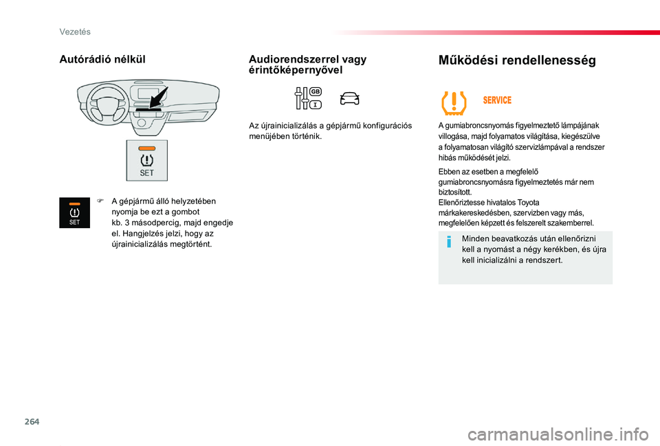 TOYOTA PROACE 2020  Kezelési útmutató (in Hungarian) 264
Proace_hu_Chap06_conduite_ed01-2019
Működési rendellenesség
A gumiabroncsnyomás figyelmeztető lámpájának villogása, majd folyamatos világítása, kiegészülve a folyamatosan világít