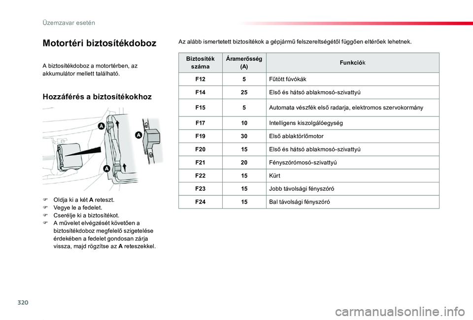 TOYOTA PROACE 2020  Kezelési útmutató (in Hungarian) 320
Proace_hu_Chap08_En-cas-de-panne_ed01-2019
Motortéri biztosítékdoboz
F Oldja ki a két A reteszt.F Vegye le a fedelet.F Cserélje ki a biztosítékot.F A művelet elvégzését követően a biz