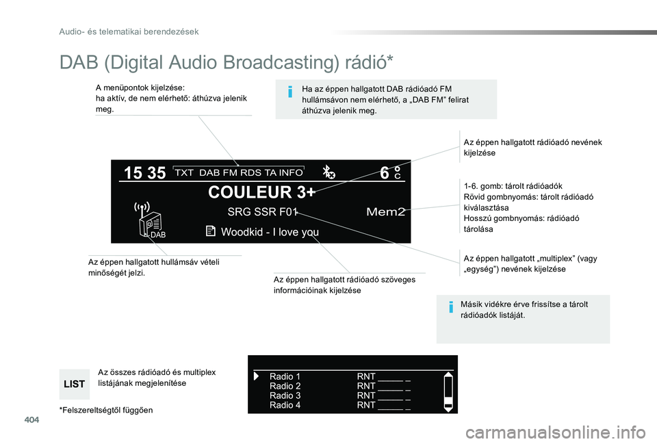 TOYOTA PROACE 2020  Kezelési útmutató (in Hungarian) 404
Proace_hu_Chap10d_RD6_ed01-2019
DAB (Digital Audio Broadcasting) rádió*
A menüpontok kijelzése:ha aktív, de nem elérhető: áthúzva jelenik meg.
1- 6. gomb: tárolt rádióadókRövid gombn