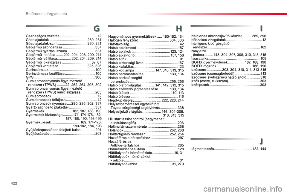 TOYOTA PROACE 2020  Kezelési útmutató (in Hungarian) 422
Proace_hu_Chap11_index-alpha_ed01-2019
Ideiglenes abroncsjavító készlet .........289, 290Időszakos vizsgálatok .....................................12Intelligens kipörgésgátló  rendszer .