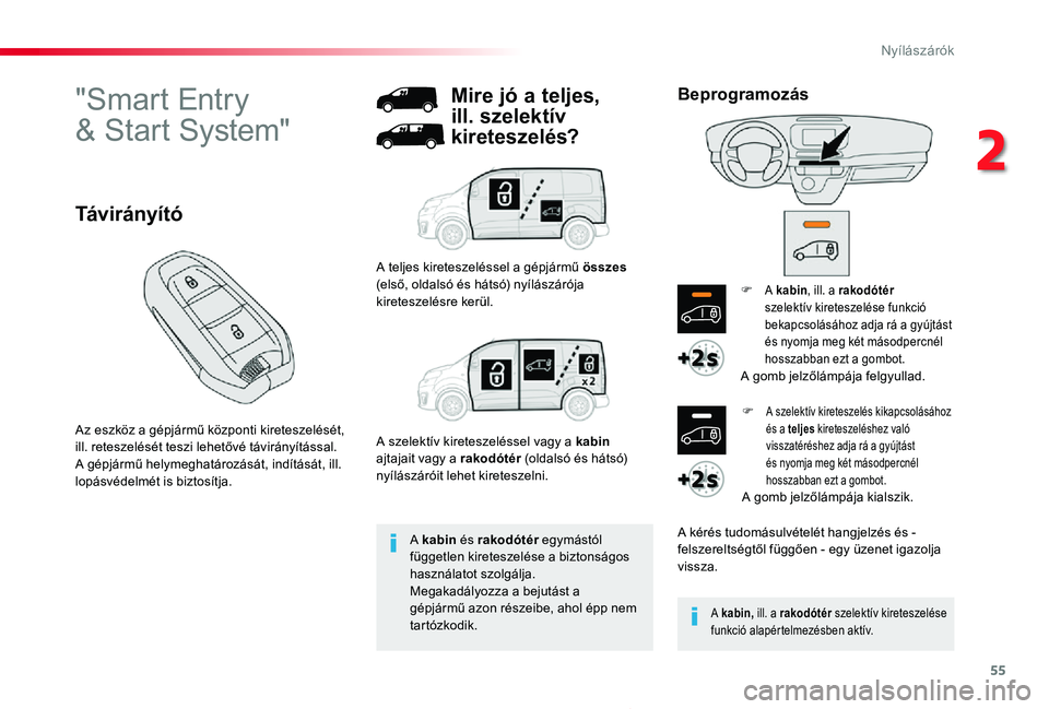 TOYOTA PROACE 2020  Kezelési útmutató (in Hungarian) 55
Proace_hu_Chap02_ouvertures_ed01-2019
"Smart Entry  
& Start System"
Az eszköz a gépjármű központi kireteszelését, ill. reteszelését teszi lehetővé távirányítással.A gépjár