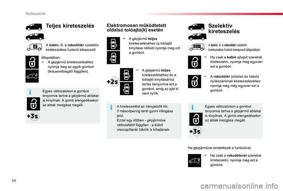 TOYOTA PROACE 2020  Kezelési útmutató (in Hungarian) 56
Proace_hu_Chap02_ouvertures_ed01-2019
Elektromosan működtetett oldalsó tolóajtó(k) esetén
F A gépjármű teljes kireteszeléséhez (a tolóajtó kinyitása nélkül) nyomja meg ezt a gombot.