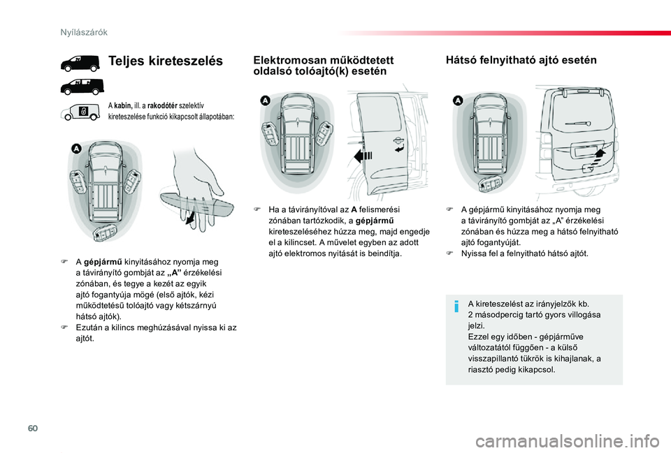 TOYOTA PROACE 2020  Kezelési útmutató (in Hungarian) 60
Proace_hu_Chap02_ouvertures_ed01-2019
A kabin, ill. a rakodótér szelektív kireteszelése funkció kikapcsolt állapotában:
A kireteszelést az irányjelzők kb. 2 másodpercig tartó gyors vill