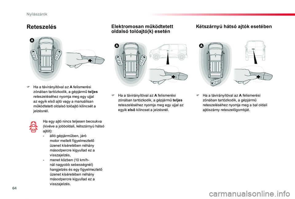 TOYOTA PROACE 2020  Kezelési útmutató (in Hungarian) 64
Proace_hu_Chap02_ouvertures_ed01-2019
Elektromosan működtetett oldalsó tolóajtó(k) eseténReteszelés
F Ha a távirányítóval az A felismerési zónában tartózkodik, a gépjármű teljes r
