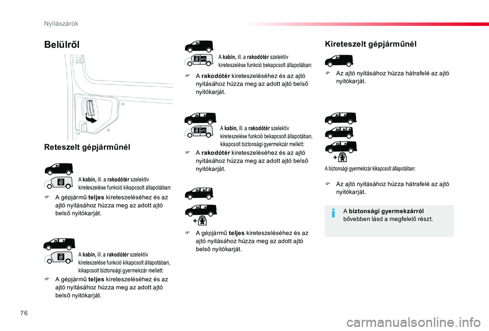 TOYOTA PROACE 2020  Kezelési útmutató (in Hungarian) 76
Proace_hu_Chap02_ouvertures_ed01-2019
A biztonsági gyermekzárról bővebben lásd a megfelelő részt.
Belülről
A kabin, ill. a rakodótér szelektív kireteszelése funkció kikapcsolt állapo