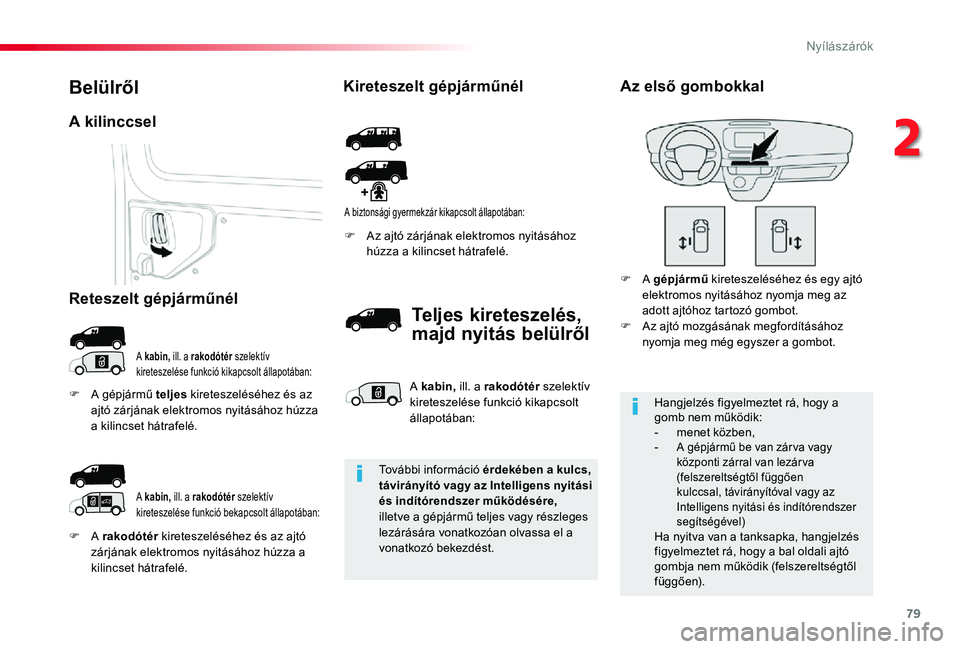 TOYOTA PROACE 2020  Kezelési útmutató (in Hungarian) 79
Proace_hu_Chap02_ouvertures_ed01-2019
F A rakodótér kireteszeléséhez és az ajtó zárjának elektromos nyitásához húzza a kilincset hátrafelé.
F Az ajtó zárjának elektromos nyitásáho