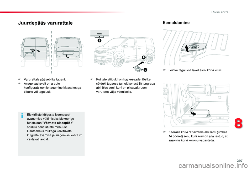 TOYOTA PROACE 2020  Kasutusjuhend (in Estonian) 297
Proace_et_Chap08_En-cas-de-panne_ed2019_V02
F Varurattale pääseb ligi tagant.F Avage vastavalt oma auto konfiguratsioonile tagumine klaasaknaga tiibuks või tagaluuk.
F Leidke tagaukse lävel as