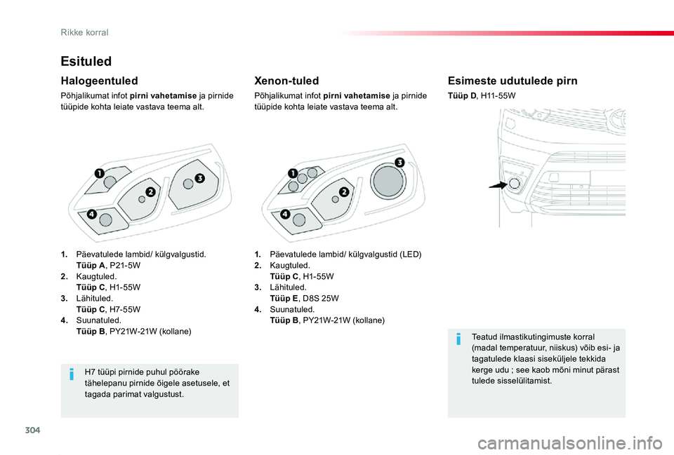 TOYOTA PROACE 2020  Kasutusjuhend (in Estonian) 304
Proace_et_Chap08_En-cas-de-panne_ed2019_V02
Esituled
Xenon-tuled
Põhjalikumat infot pirni vahetamise ja pirnide tüüpide kohta leiate vastava teema alt.
Halogeentuled
Põhjalikumat infot pirni v