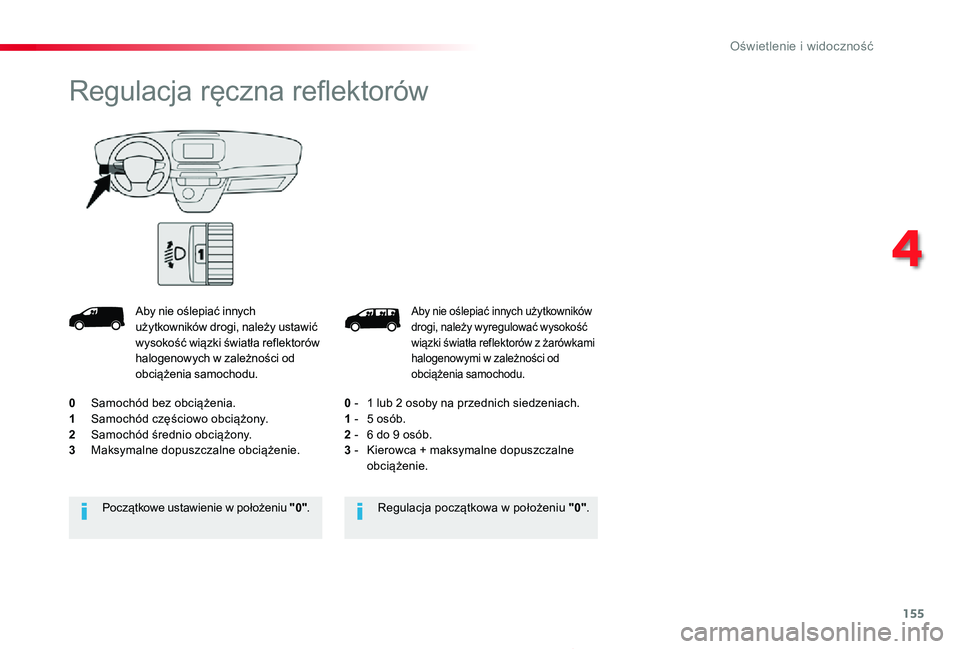 TOYOTA PROACE 2020  Instrukcja obsługi (in Polish) 155
Proace_pl_Chap04_eclairage-et-visibilite_ed01-2019
Aby nie oślepiać innych użytkowników drogi, należy wyregulować wysokość wiązki światła reflektorów z żarówkami halogenowymi w zale
