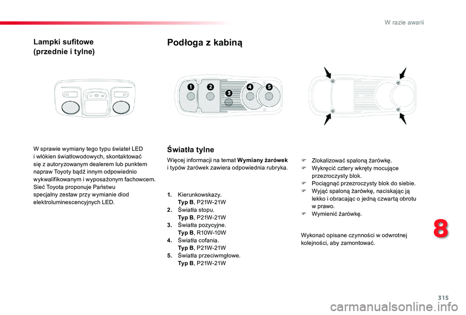 TOYOTA PROACE 2020  Instrukcja obsługi (in Polish) 315
Proace_pl_Chap08_En-cas-de-panne_ed01-2019
Lampki sufitowe
(przednie i tylne)
W sprawie wymiany tego typu świateł LED i włókien światłowodowych, skontaktować się z autoryzowanym dealerem l