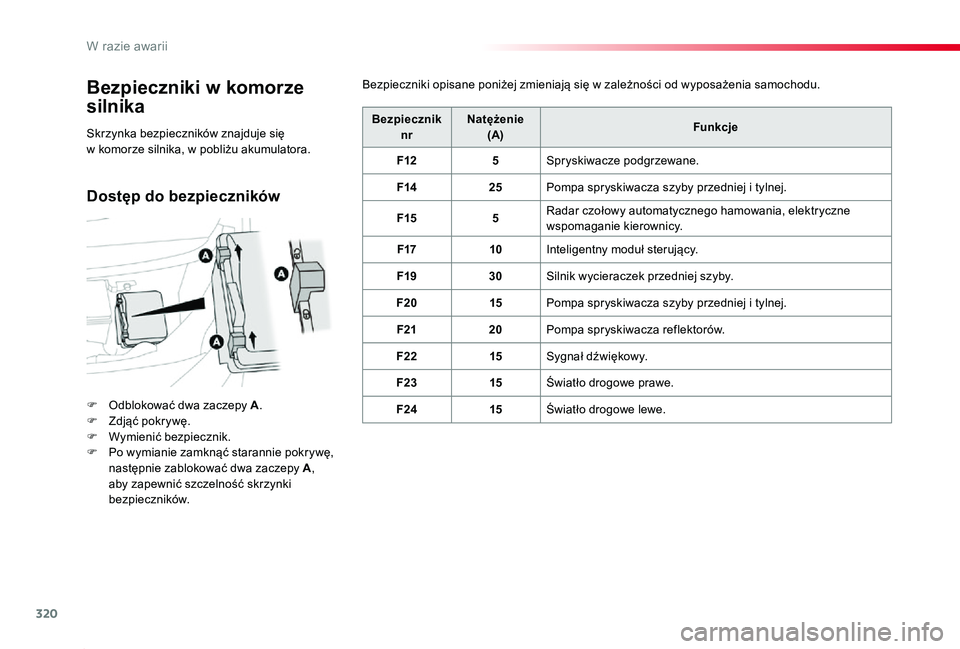 TOYOTA PROACE 2020  Instrukcja obsługi (in Polish) 320
Proace_pl_Chap08_En-cas-de-panne_ed01-2019
Bezpieczniki w komorze 
silnika
F Odblokować dwa zaczepy A.F Zdjąć pokrywę.F Wymienić bezpiecznik.F Po wymianie zamknąć starannie pokrywę, nastę