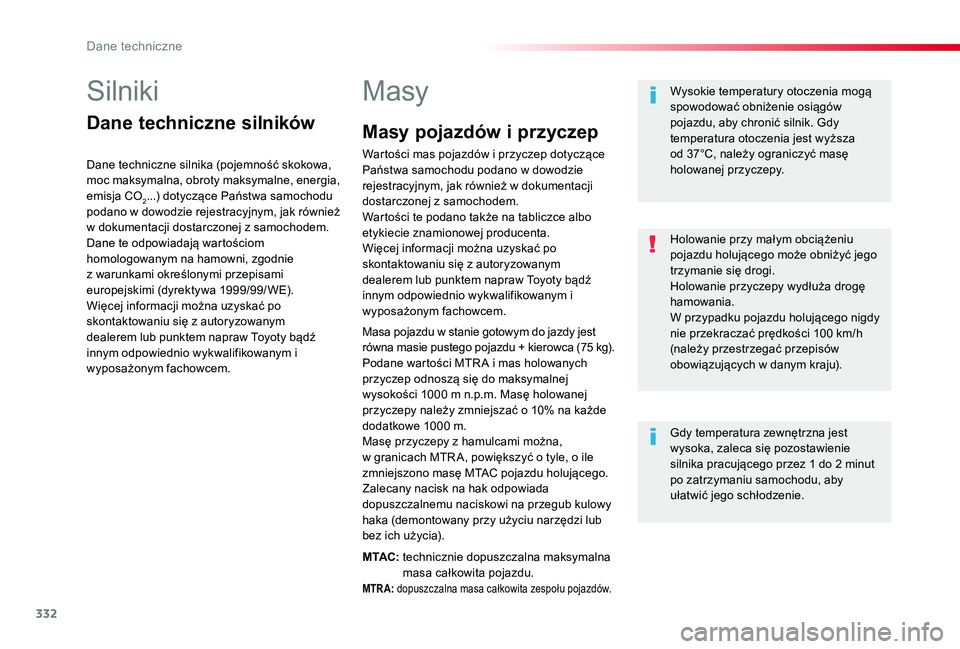 TOYOTA PROACE 2020  Instrukcja obsługi (in Polish) 332
Proace_pl_Chap09_caracteristiques-techniques_ed01-2019
Silniki
Dane techniczne silników
Dane techniczne silnika (pojemność skokowa, moc maksymalna, obroty maksymalne, energia, emisja CO2...) do
