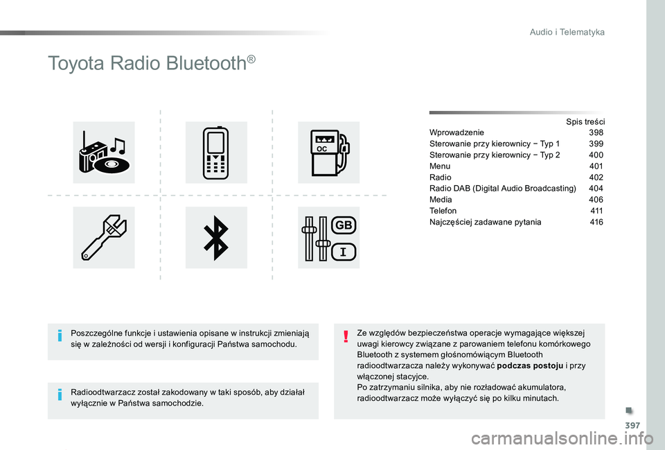 TOYOTA PROACE 2020  Instrukcja obsługi (in Polish) 397
Proace_pl_Chap10d_RD6_ed01-2019
Toyota Radio Bluetooth®
Spis treściWprowadzenie  398
Sterowanie przy kierownicy − Typ 1  399
Sterowanie przy kierownicy − Typ 2 400
Menu  401
Radio  402
Radio