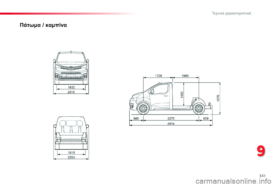 TOYOTA PROACE 2020  ΟΔΗΓΌΣ ΧΡΉΣΗΣ (in Greek) 331
Proace_el_Chap09_caracteristiques-techniques_ed01-2019
Πάτωμα / καμπίνα
9 
Τεχνικά χαρακτηριστικά  