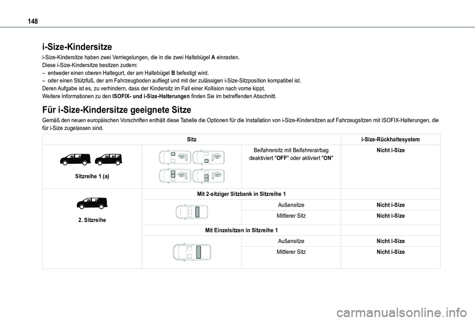 TOYOTA PROACE 2021 Betriebsanleitungen (in German) 148
i-Size-Kindersitze
i-Size-Kindersitze haben zwei Verriegelungen, die in die zwei Haltebügel A einrasten.Diese i-Size-Kindersitze besitzen zudem:– entweder einen oberen Haltegurt, der am Halteb TOYOTA PROACE 2021 Betriebsanleitungen (in German) 148
i-Size-Kindersitze
i-Size-Kindersitze haben zwei Verriegelungen, die in die zwei Haltebügel A einrasten.Diese i-Size-Kindersitze besitzen zudem:– entweder einen oberen Haltegurt, der am Halteb
