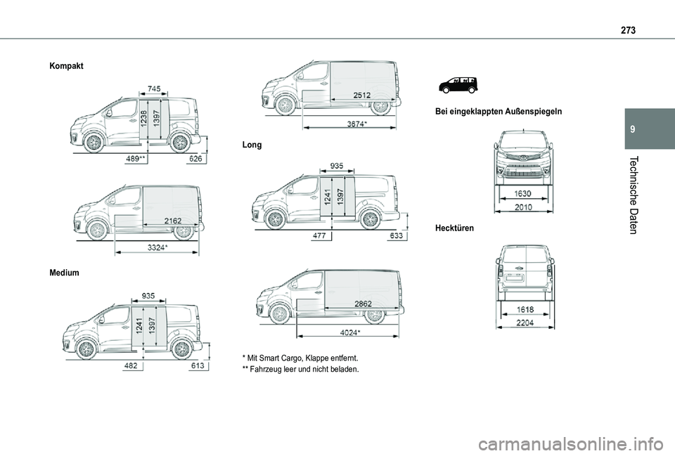 TOYOTA PROACE 2021  Betriebsanleitungen (in German) 273
Technische Daten
9
Kompakt 
  
 
Medium 
  
 
Long 
  
 
* Mit Smart Cargo, Klappe entfernt.** Fahrzeug leer und nicht beladen.
 
 
Bei eingeklappten Außenspiegeln 
 
Hecktüren 
    