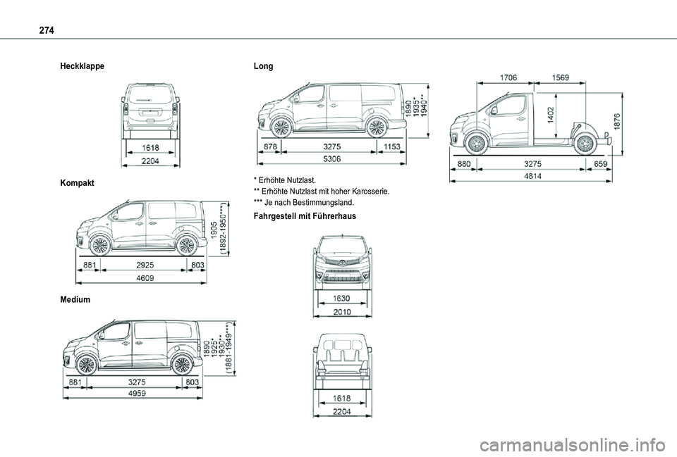 TOYOTA PROACE 2021  Betriebsanleitungen (in German) 274
Heckklappe 
 
Kompakt 
 
Medium 
 
Long 
 
* Erhöhte Nutzlast.** Erhöhte Nutzlast mit hoher Karosserie.*** Je nach Bestimmungsland.
Fahrgestell mit Führerhaus 
  
 
 
    