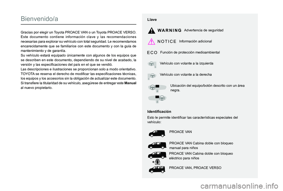 TOYOTA PROACE 2021 Manuale de Empleo (in Spanish)
Bienvenido/a
Gracias por elegir un Toyota PROACE VAN o un Toyota PROACE VERSO.Este documento contiene información clave y las recomendaciones necesari TOYOTA PROACE 2021 Manuale de Empleo (in Spanish)
Bienvenido/a
Gracias por elegir un Toyota PROACE VAN o un Toyota PROACE VERSO.Este documento contiene información clave y las recomendaciones necesari