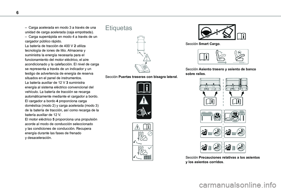 TOYOTA PROACE 2021 Manuale de Empleo (in Spanish) 6
– Carga acelerada en modo 3 a través de una unidad de carga acelerada (caja empotrada).– Carga superrápida en modo 4 a través de un cargador público rápido.La batería de tracción de 400 V TOYOTA PROACE 2021 Manuale de Empleo (in Spanish) 6
– Carga acelerada en modo 3 a través de una unidad de carga acelerada (caja empotrada).– Carga superrápida en modo 4 a través de un cargador público rápido.La batería de tracción de 400 V