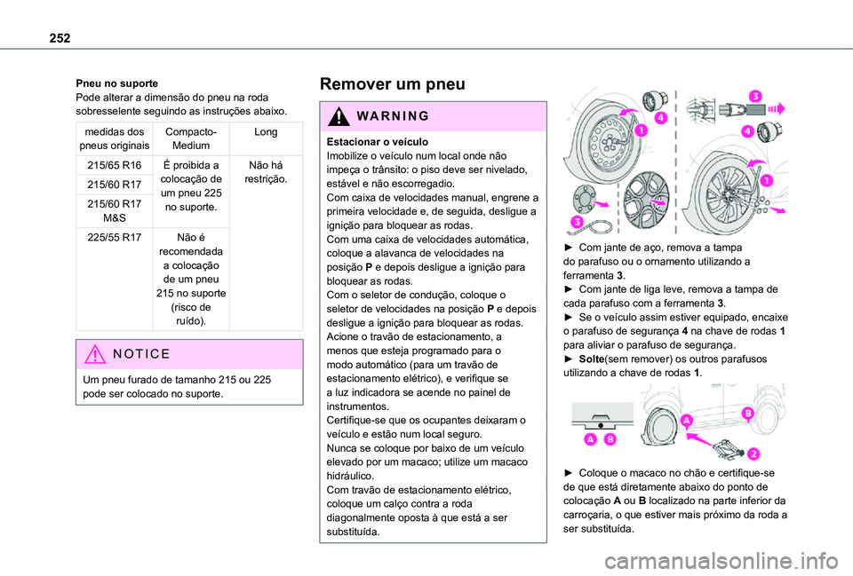 TOYOTA PROACE 2021  Manual de utilização (in Portuguese) 252
Pneu no suportePode alterar a dimensão do pneu na roda sobresselente seguindo as instruções abaixo.
medidas dos pneus originaisCompacto-MediumLong
215/65 R16É proibida a colocação de um pneu