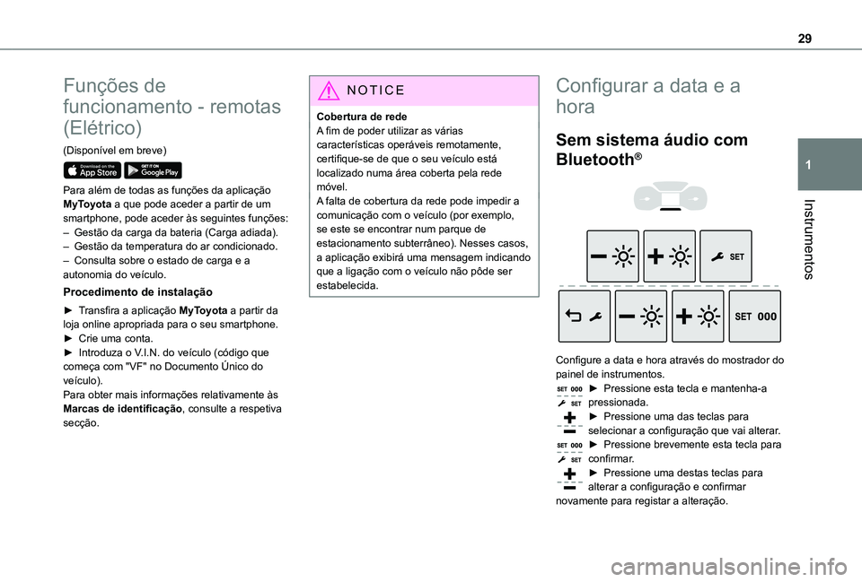 TOYOTA PROACE 2021  Manual de utilização (in Portuguese) 29
Instrumentos
1
Funções de 
funcionamento - remotas 
(Elétrico)
(Disponível em breve) 
 
Para além de todas as funções da aplicação MyToyota a que pode aceder a partir de um smartphone, pod
