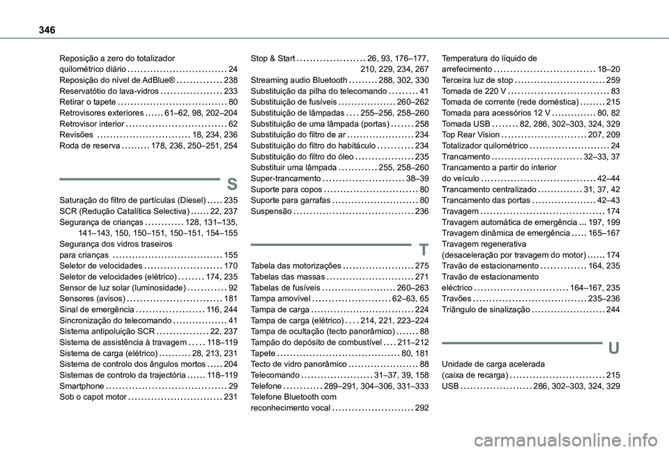 TOYOTA PROACE 2021  Manual de utilização (in Portuguese) 346
Reposição a zero do totalizador  quilométrico diário   24Reposição do nível de AdBlue®   238Reservatótio do lava-vidros   233Retirar o tapete   80Retrovisores exteriores   61–62, 98, 20