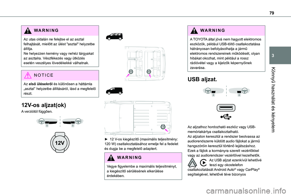 TOYOTA PROACE 2021 Kezelési útmutató (in Hungarian) 79
Könnyű használat és kényelem
3
WARNI NG
Az utas oldalán ne felejtse el az asztal felhajtását, mielőtt az ülést "asztal" helyzetbe állítja.Ne helyezzen kemény vagy nehéz tárg TOYOTA PROACE 2021 Kezelési útmutató (in Hungarian) 79
Könnyű használat és kényelem
3
WARNI NG
Az utas oldalán ne felejtse el az asztal felhajtását, mielőtt az ülést "asztal" helyzetbe állítja.Ne helyezzen kemény vagy nehéz tárg