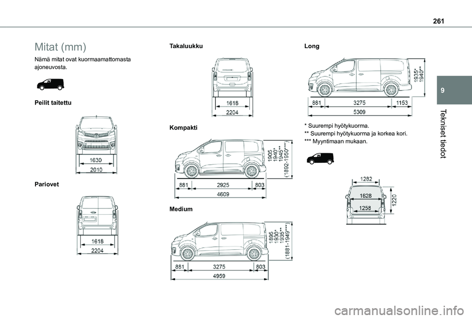 TOYOTA PROACE 2021  Omistajan Käsikirja (in Finnish) 261
Tekniset tiedot
9
Mitat (mm)
Nämä mitat ovat kuormaamattomasta ajoneuvosta. 
 
Peilit taitettu 
 
Pariovet 
 
Takaluukku 
 
Kompakti 
 
Medium 
 
Long 
 
* Suurempi hyötykuorma.** Suurempi hyö