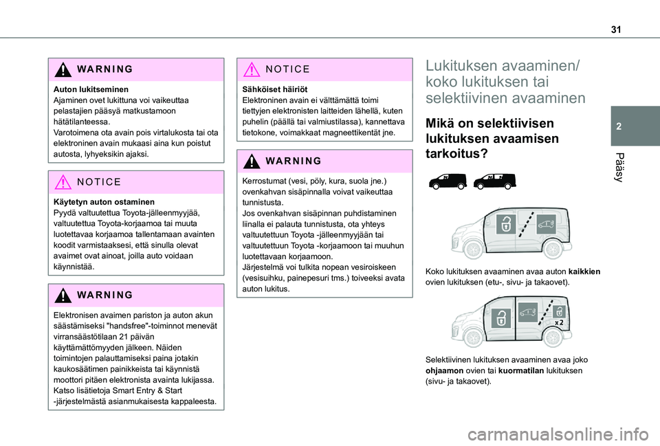 TOYOTA PROACE 2021 Omistajan Käsikirja (in Finnish) 31
Pääsy
2
WARNI NG
Auton lukitseminenAjaminen ovet lukittuna voi vaikeuttaa pelastajien pääsyä matkustamoon hätätilanteessa.Varotoimena ota avain pois virtalukosta tai ota elektroninen avain m TOYOTA PROACE 2021 Omistajan Käsikirja (in Finnish) 31
Pääsy
2
WARNI NG
Auton lukitseminenAjaminen ovet lukittuna voi vaikeuttaa pelastajien pääsyä matkustamoon hätätilanteessa.Varotoimena ota avain pois virtalukosta tai ota elektroninen avain m