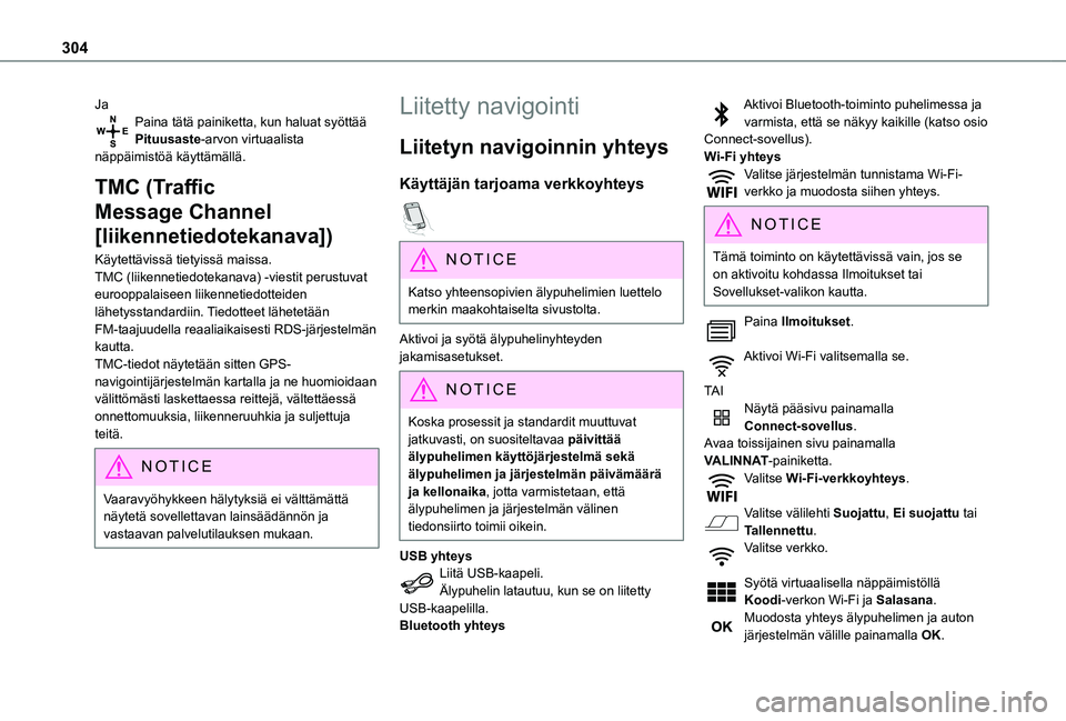 TOYOTA PROACE 2021  Omistajan Käsikirja (in Finnish) 304
JaPaina tätä painiketta, kun haluat syöttää Pituusaste-arvon virtuaalista näppäimistöä käyttämällä.
TMC (Traffic 
Message Channel 
[liikennetiedotekanava])
Käytettävissä tietyissä