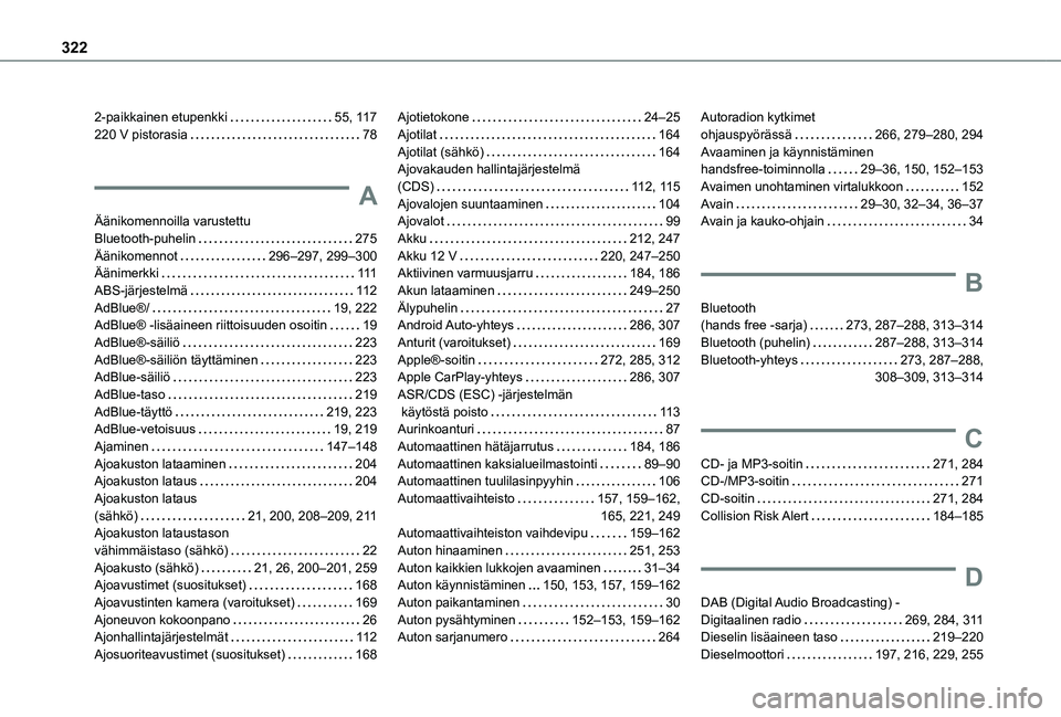 TOYOTA PROACE 2021 Omistajan Käsikirja (in Finnish) 322
2-paikkainen etupenkki 55, 11 7220 V pistorasia 78
A
Äänikomennoilla varustettu Bluetooth-puhelin 275Äänikomennot 296–297, 299–300Äänimerkki 111ABS-järjestelmä 11 2AdBlue TOYOTA PROACE 2021 Omistajan Käsikirja (in Finnish) 322
2-paikkainen etupenkki 55, 11 7220 V pistorasia 78
A
Äänikomennoilla varustettu Bluetooth-puhelin 275Äänikomennot 296–297, 299–300Äänimerkki 111ABS-järjestelmä 11 2AdBlue