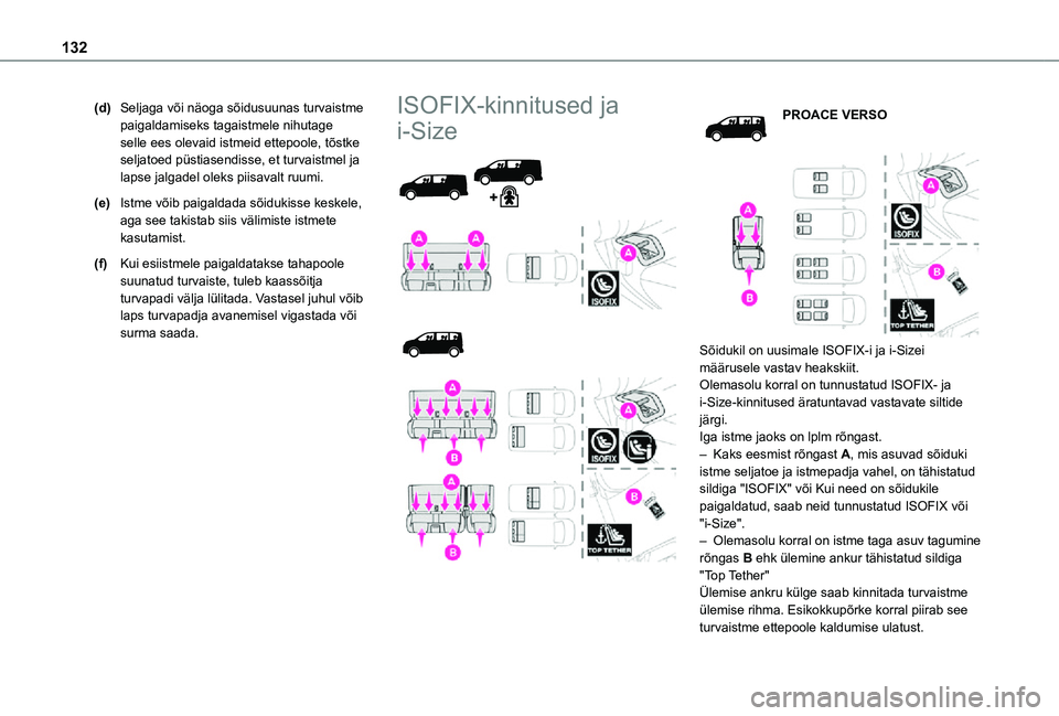 TOYOTA PROACE 2021  Kasutusjuhend (in Estonian) 132
(d)Seljaga või näoga sõidusuunas turvaistme paigaldamiseks tagaistmele nihutage selle ees olevaid istmeid ettepoole, tõstke seljatoed püstiasendisse, et turvaistmel ja lapse jalgadel oleks pi
